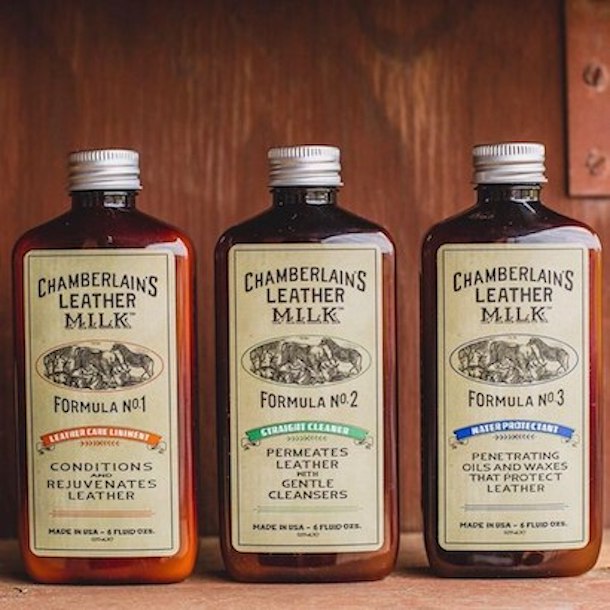 A picture of bottles of Chamberlain Leathermilk conditioners. 