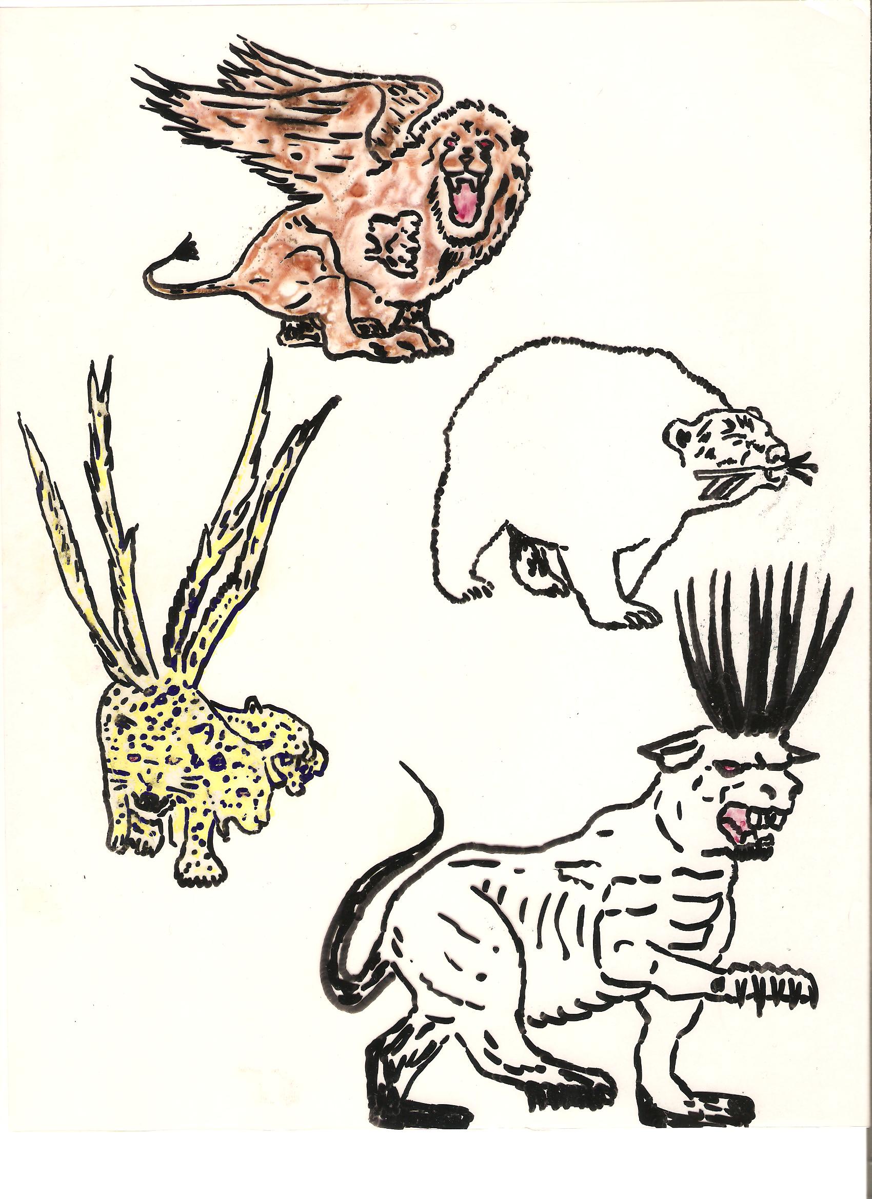 Four drawings of the four beasts that Daniel saw in his dream.