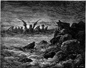 A picture of four beast rising out of a dark turbulent sea.