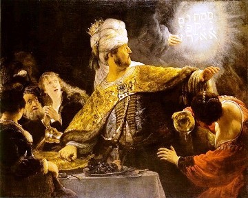 A painting ofa startled Belshazzer when a hand began writing on his wall.